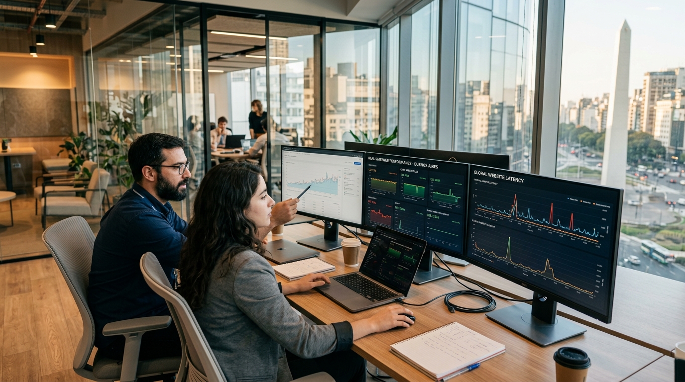 Ingenieros y analistas de WebsitesIQ analizando telemetría de desempeño web en Buenos Aires